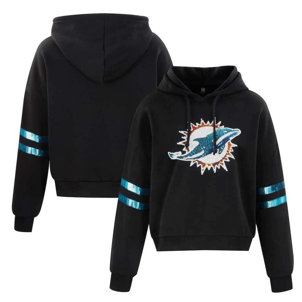 Miami Dolphins Cuce Women's Cropped Sequins Pullover Hoodie Black - NFL