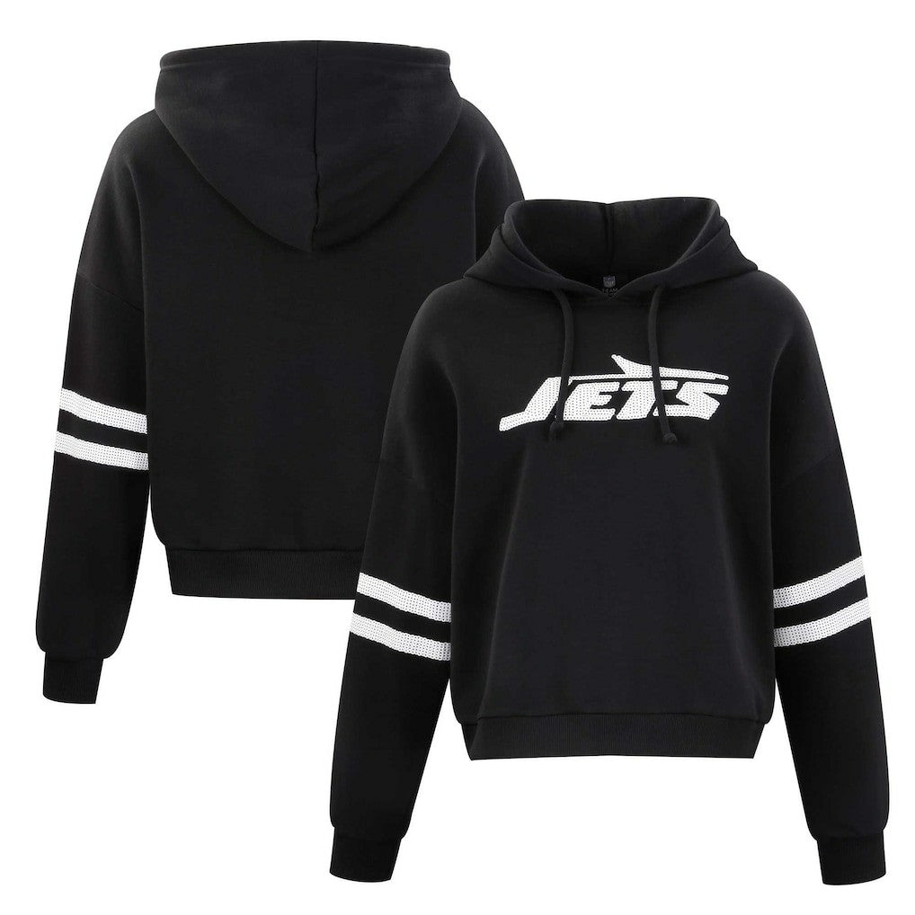 New York Jets Cuce Women's Cropped Sequins Pullover Hoodie Black - NFL
