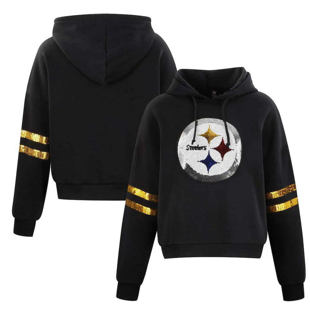 Pittsburgh Steelers Cuce Women's Cropped Sequins Pullover Hoodie Black - NFL