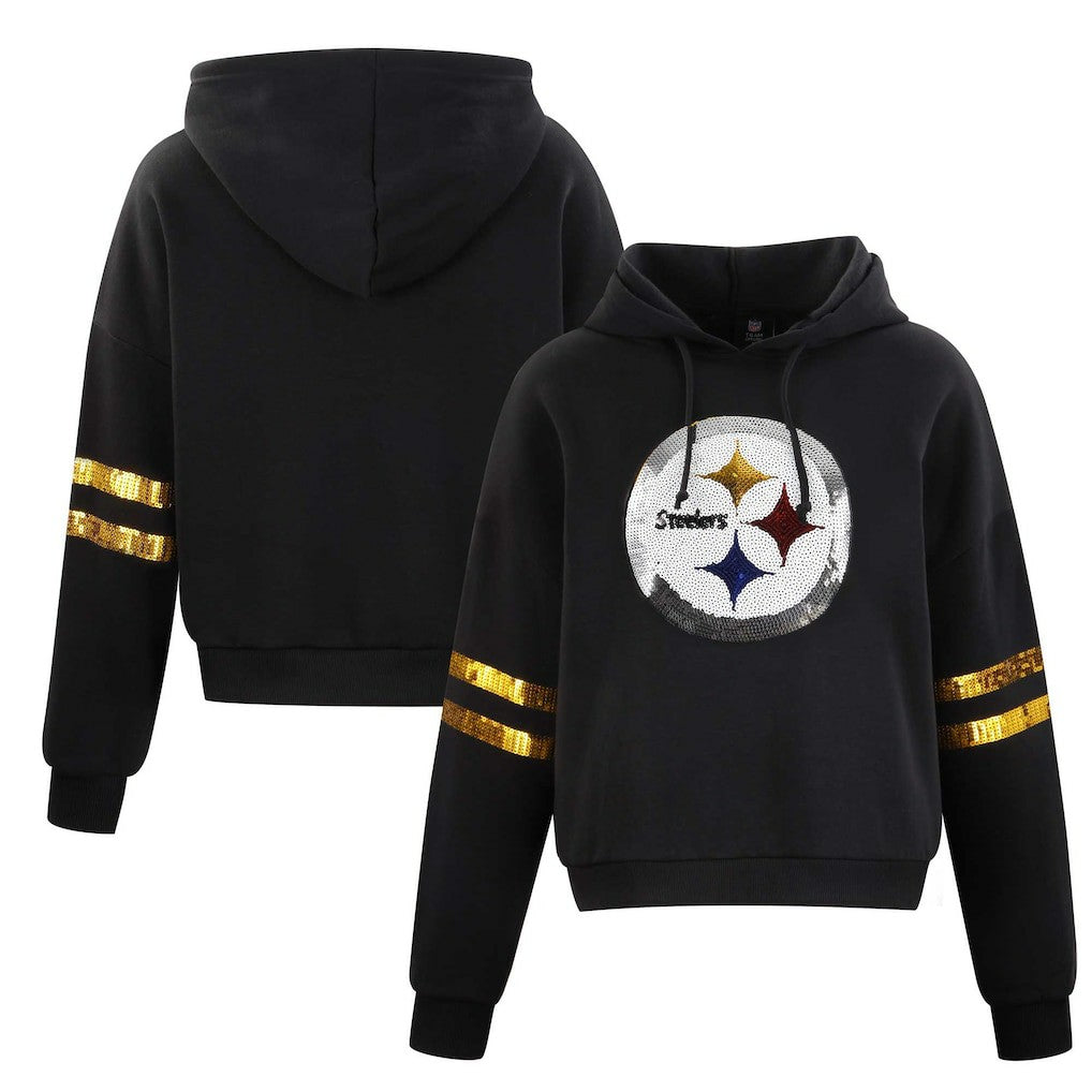 Pittsburgh Steelers Cuce Women's Cropped Sequins Pullover Hoodie Black - NFL