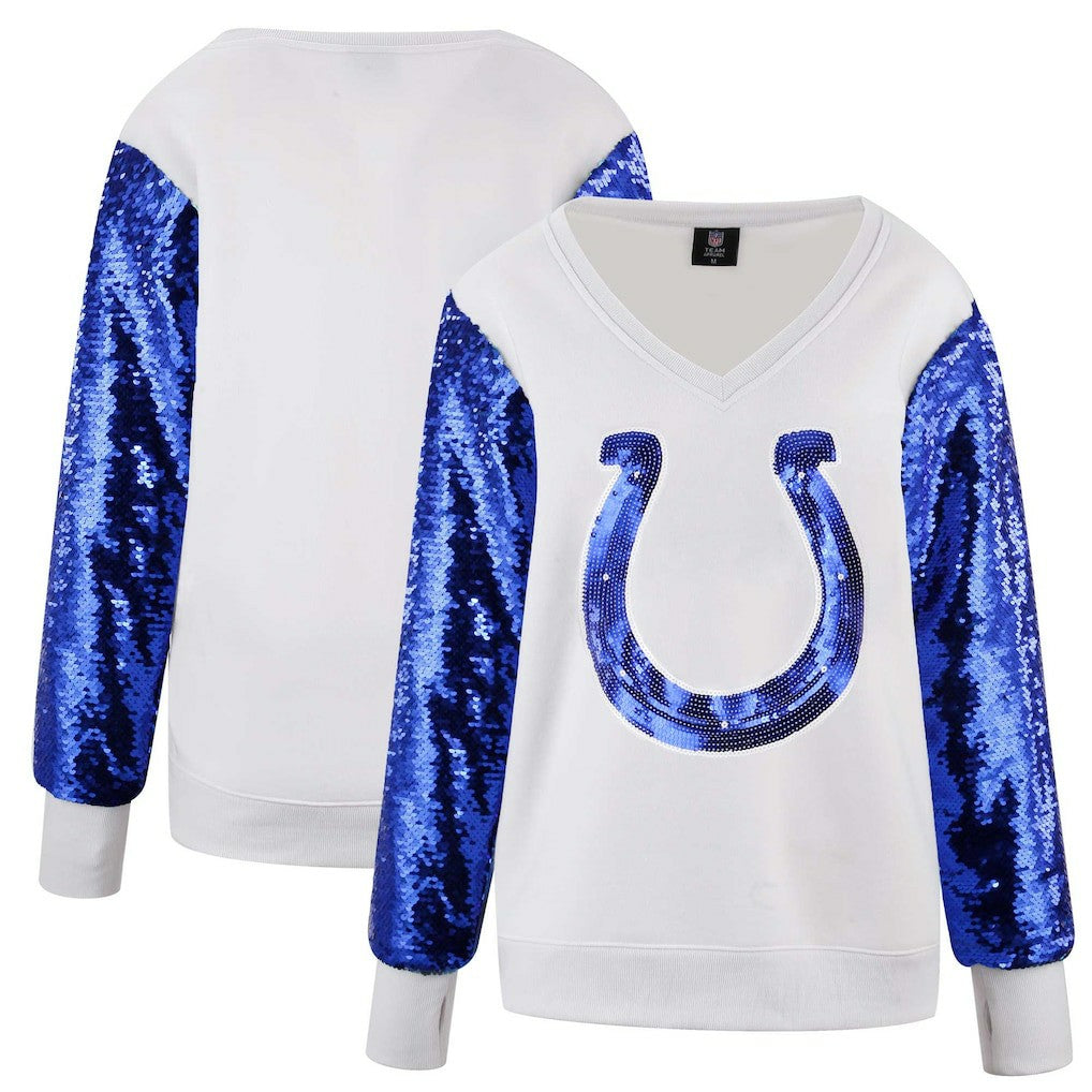 Indianapolis Colts Cuce Women's Sequin Sleeve V-Neck Pullover Sweatshirt- White - NFL