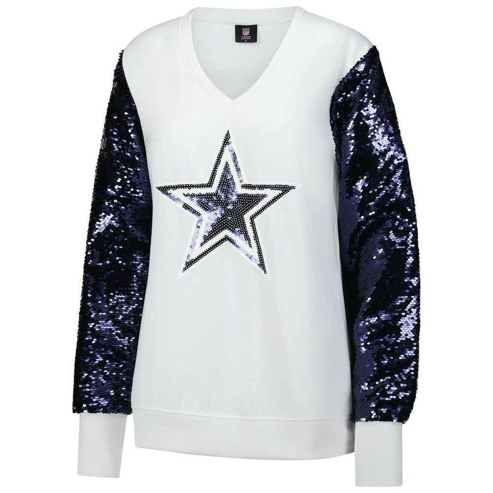 Dallas Cowboys Cuce Women's Sequin Sleeve V-Neck Pullover Sweatshirt- White - NFL