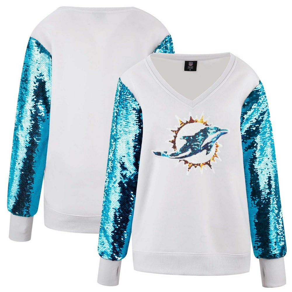 Miami Dolphins Cuce Women's Sequin Sleeve V-Neck Pullover Sweatshirt- White - NFL