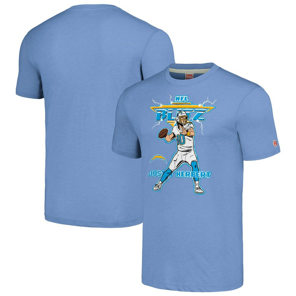 Justin Herbert Los Angeles Chargers Homage Unisex NFL Blitz Player Tri-Blend T-Shirt Heathered Powder Blue - NFL