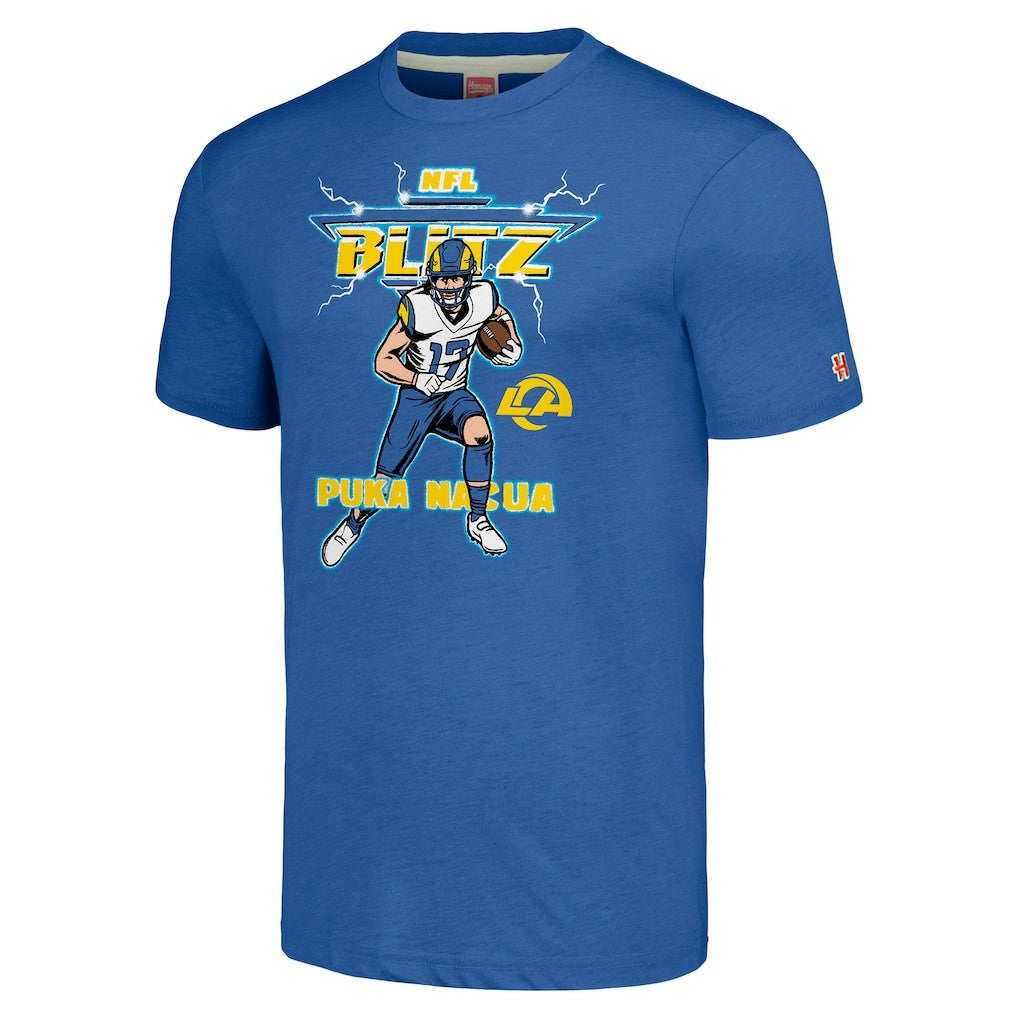 Puka Nacua Los Angeles Rams Homage Unisex NFL Blitz Player Tri-Blend T-Shirt Royal - NFL