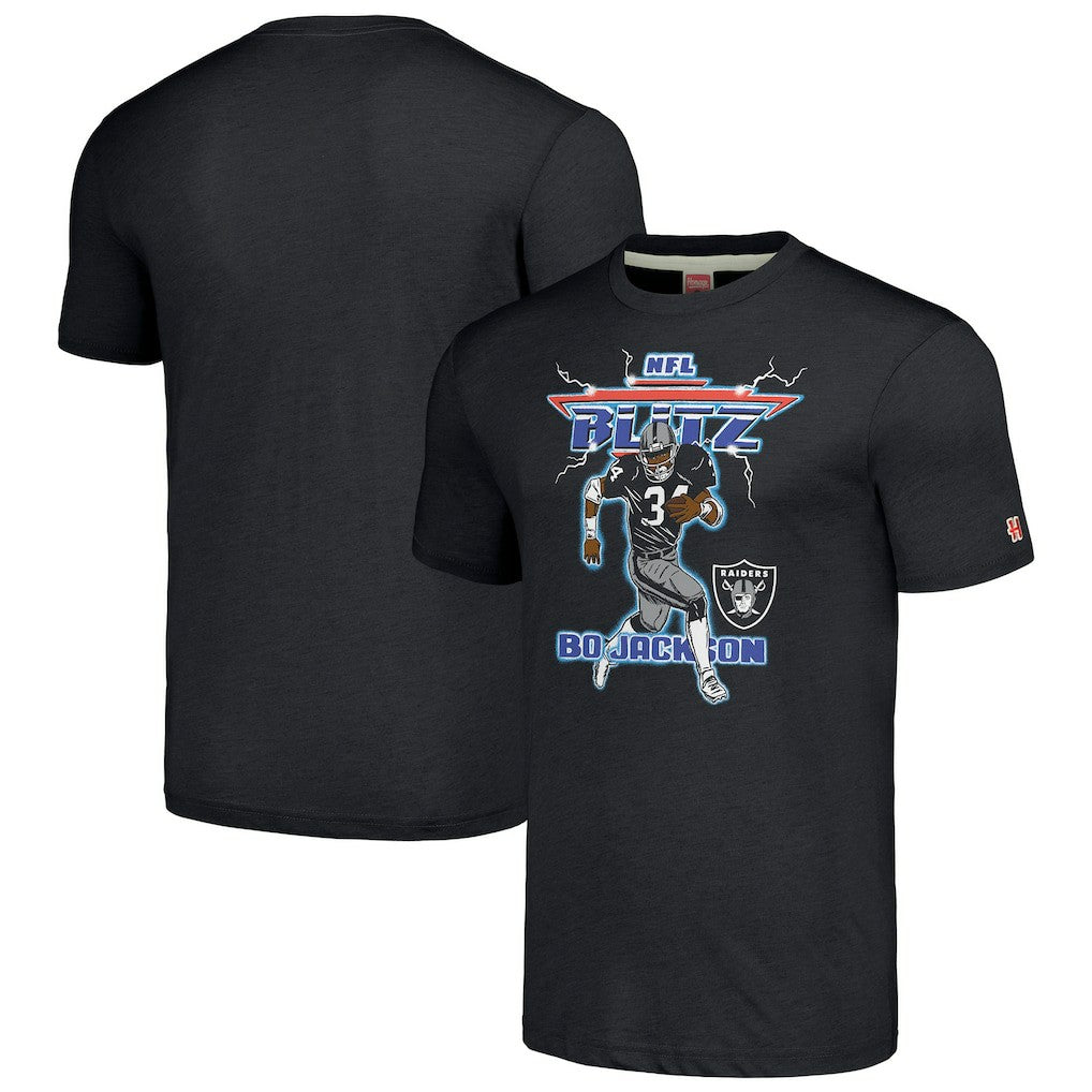Bo Jackson Las Vegas Raiders Homage Unisex NFL Blitz Retired Player Tri-Blend T-Shirt Heathered Charcoal - NFL