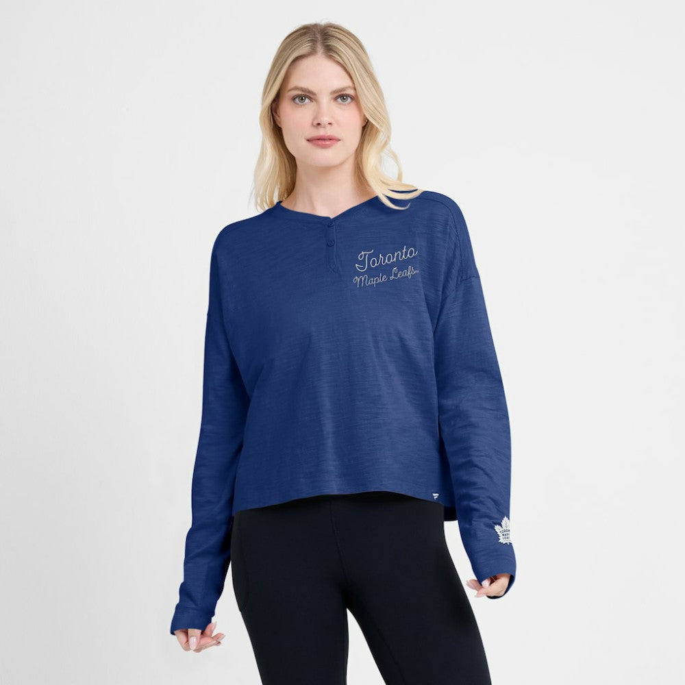 Toronto Maple Leafs - Fanatics Women's Oversized All Out Effort Long Sleeve Henley T-Shirt Blue