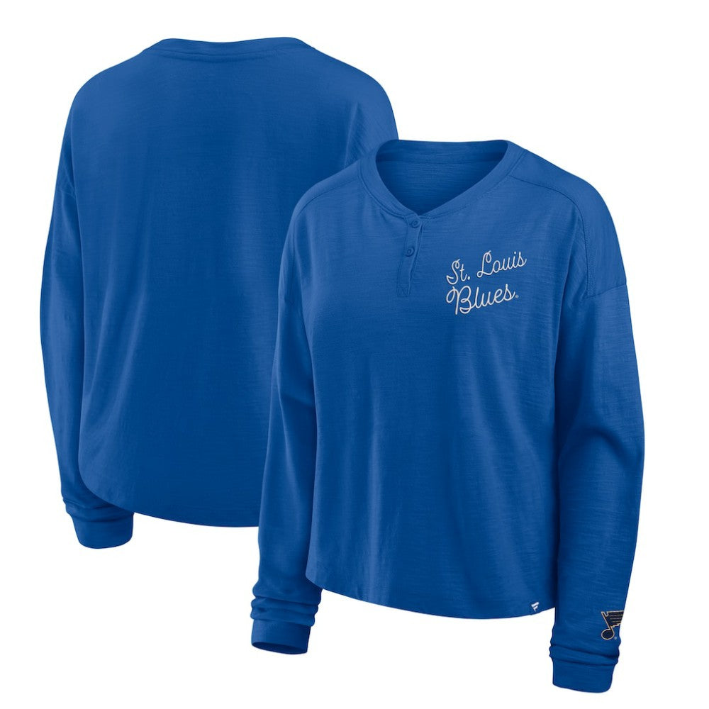 St. Louis Blues - Fanatics Women's Oversized All Out Effort Long Sleeve Henley T-Shirt Blue