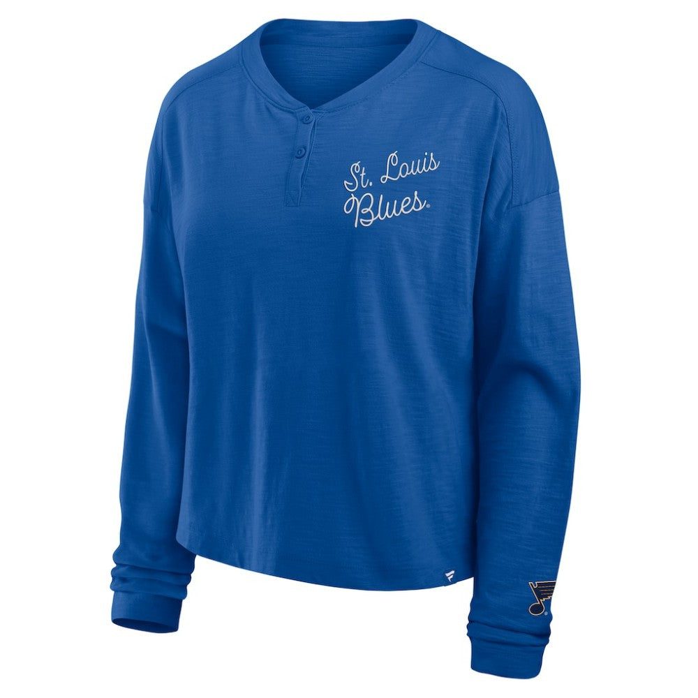 St. Louis Blues - Fanatics Women's Oversized All Out Effort Long Sleeve Henley T-Shirt Blue