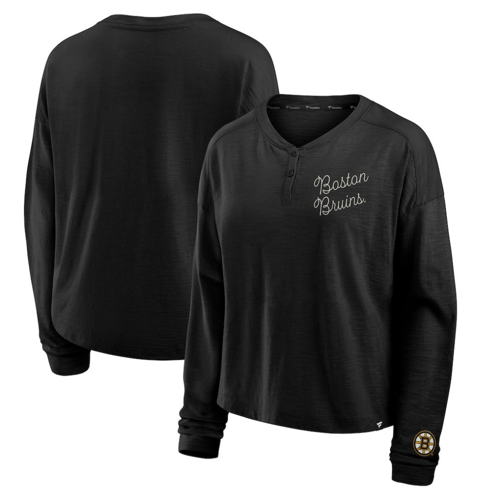 Boston Bruins Fanatics Women's Oversized All Out Effort Long Sleeve Henley T-Shirt Black