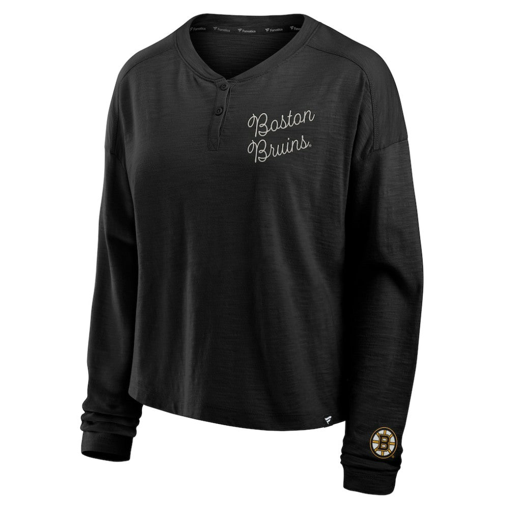 Boston Bruins Fanatics Women's Oversized All Out Effort Long Sleeve Henley T-Shirt Black
