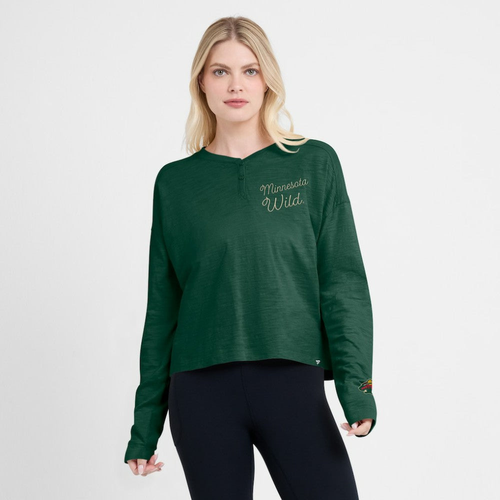 Minnesota Wild - Fanatics Women's Oversized All Out Effort Long Sleeve Henley T-Shirt Green