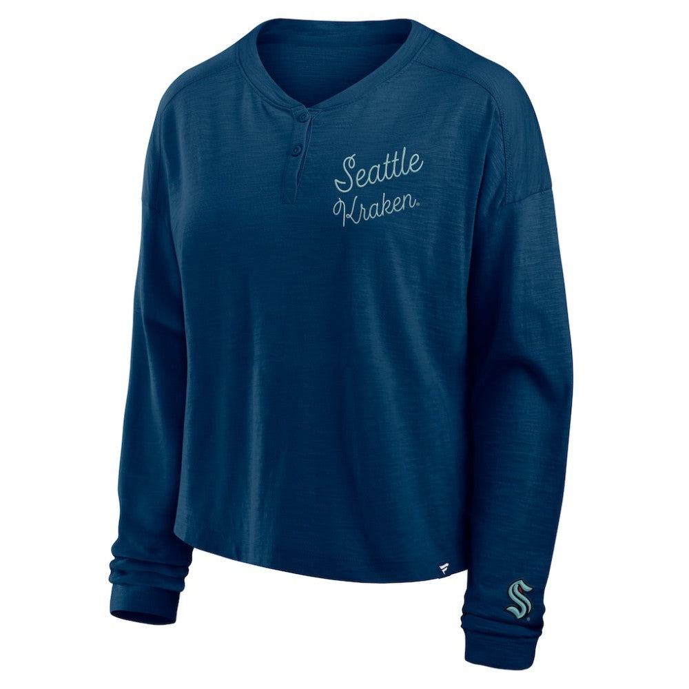 Seattle Kraken Fanatics Women's Oversized All Out Effort Long Sleeve Henley T-Shirt Deep Sea Blue