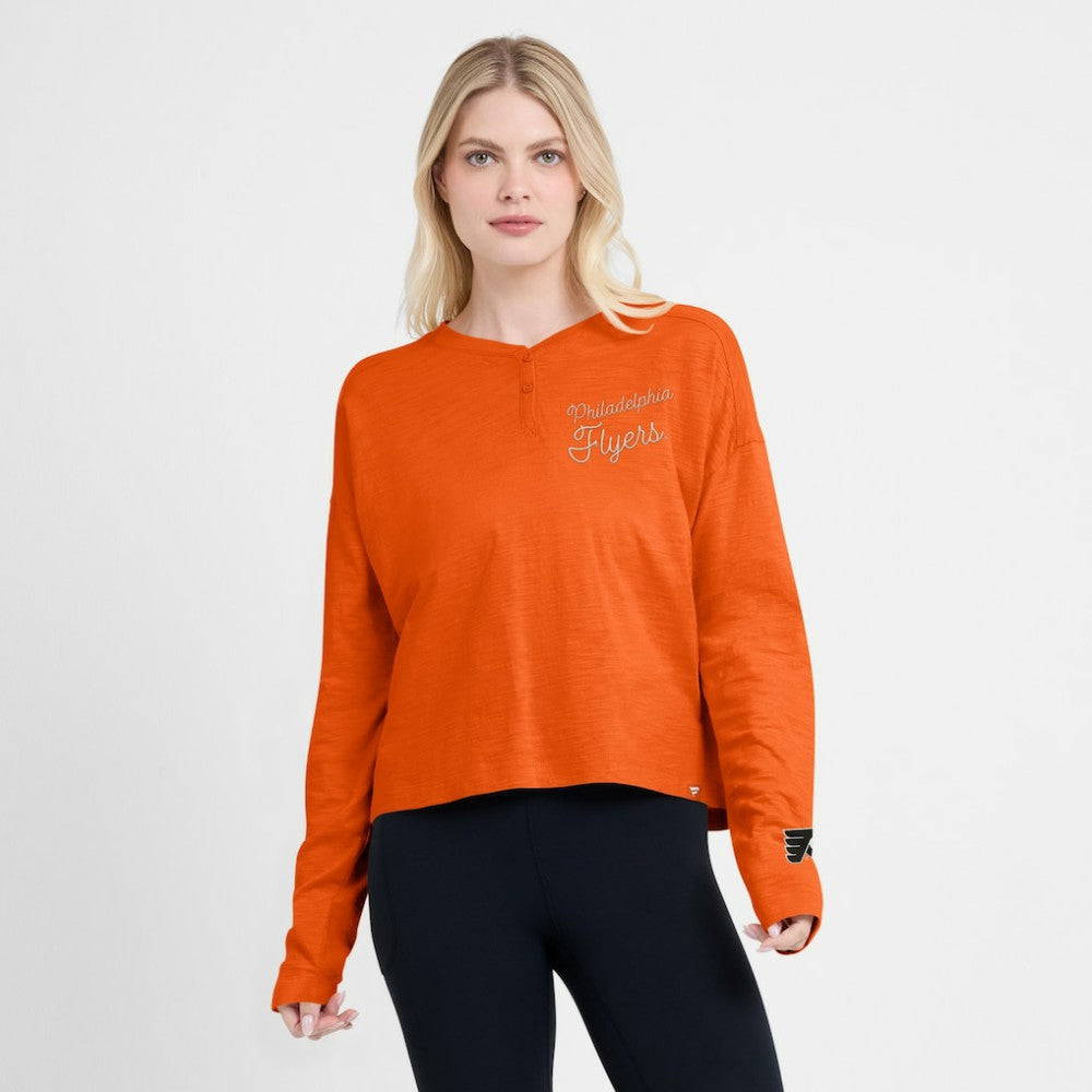 Philadelphia Flyers - Fanatics Women's Oversized All Out Effort Long Sleeve Henley T-Shirt Orange