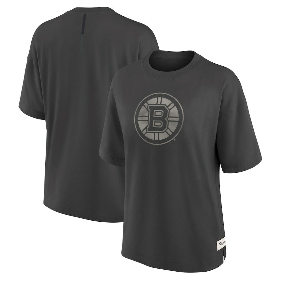Boston Bruins Fanatics Women's Oversized Elements Raw Edge Future Ground T-Shirt Charcoal