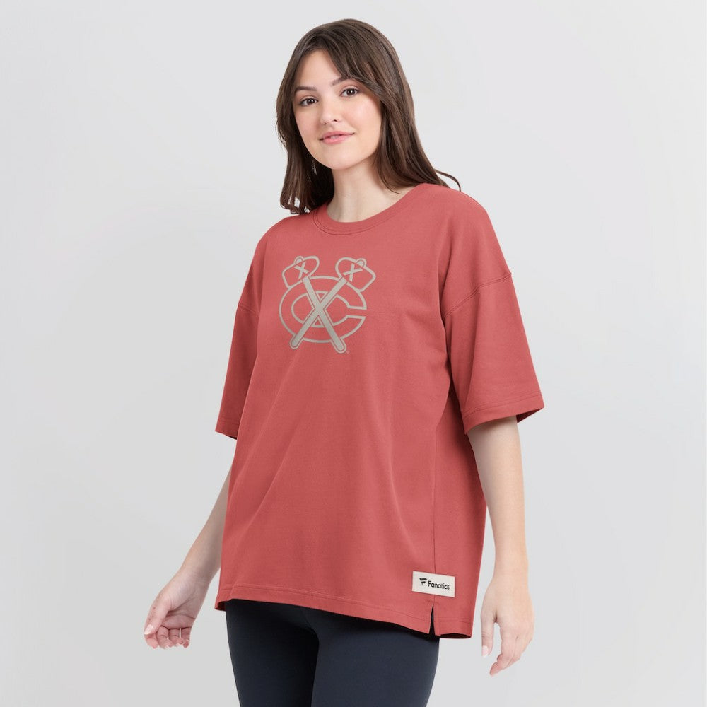 Chicago Blackhawks Fanatics Women's Oversized Elements Raw Edge Future Ground T-Shirt Red