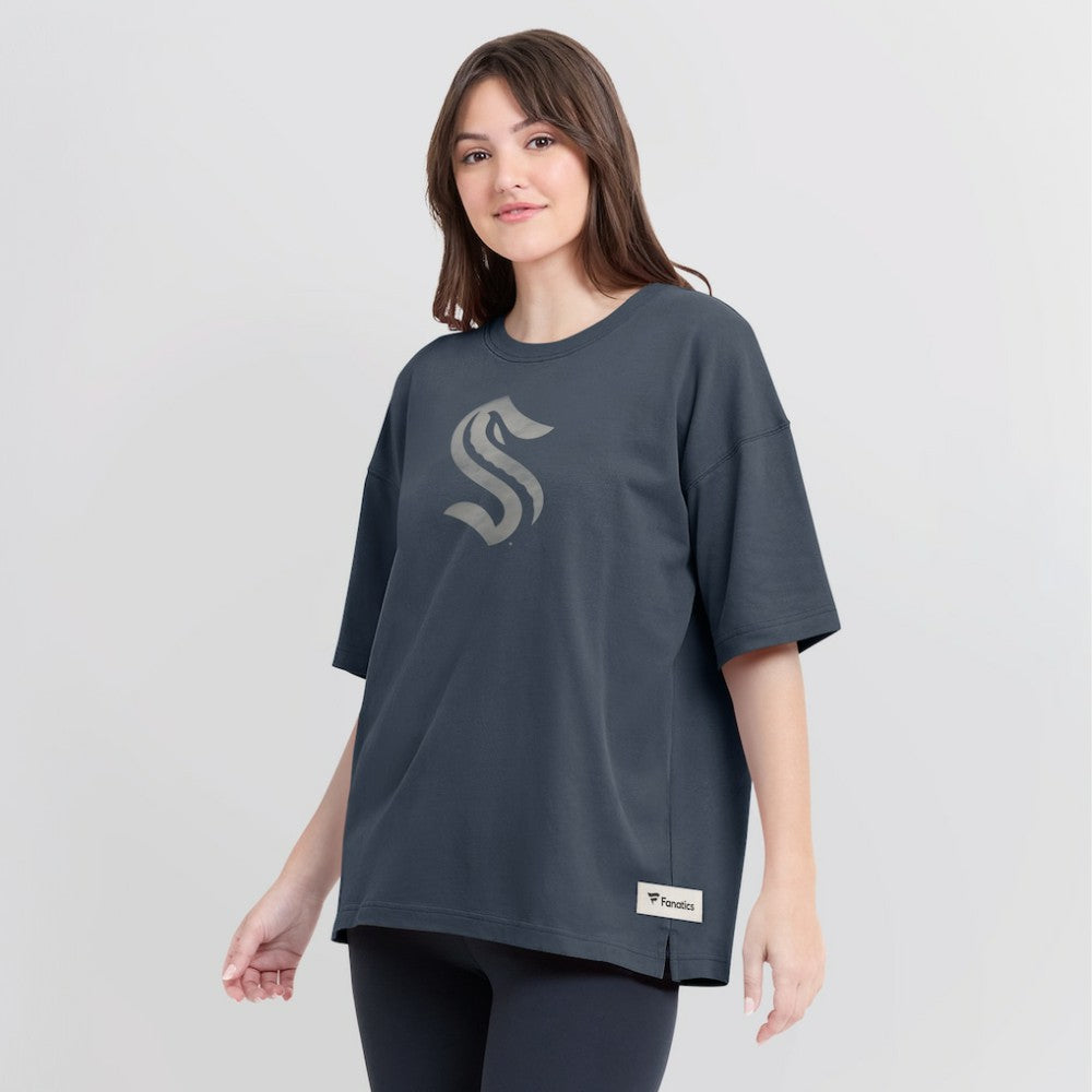Seattle Kraken Fanatics Women's Oversized Elements Raw Edge Future Ground T-Shirt Blue