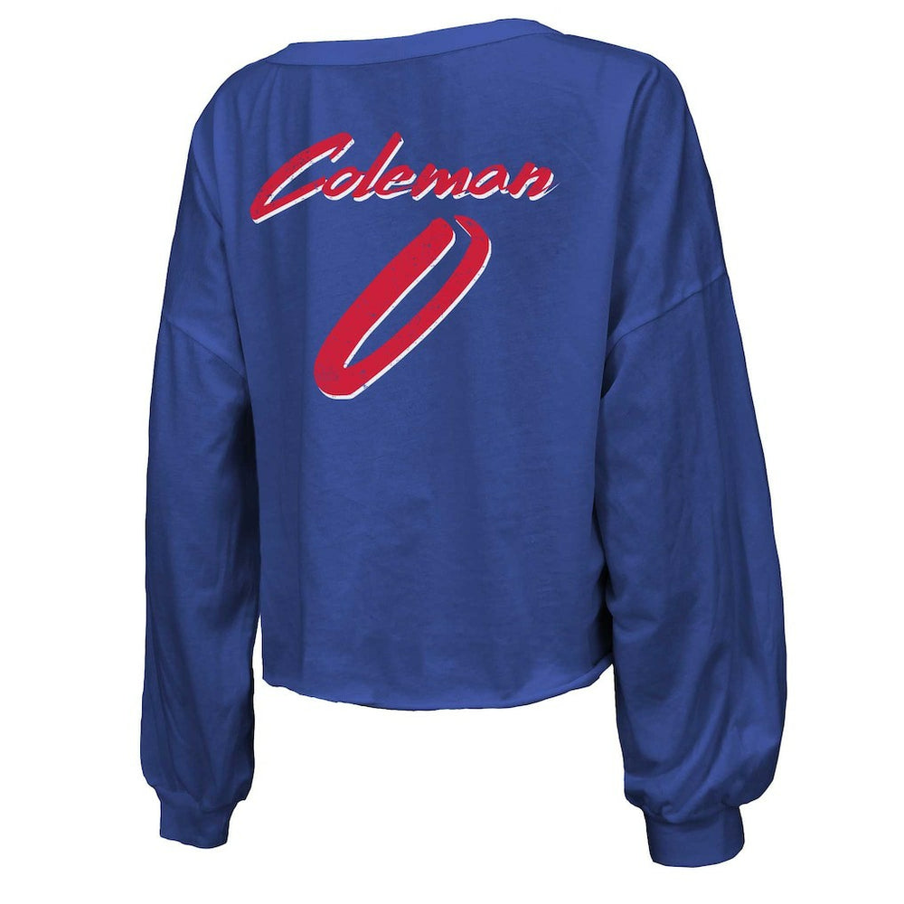 Keon Coleman Buffalo Bills Majestic Threads Women's Name & Number Off-Shoulder Script Cropped Long Sleeve V-Neck T-Shirt Royal - NFL