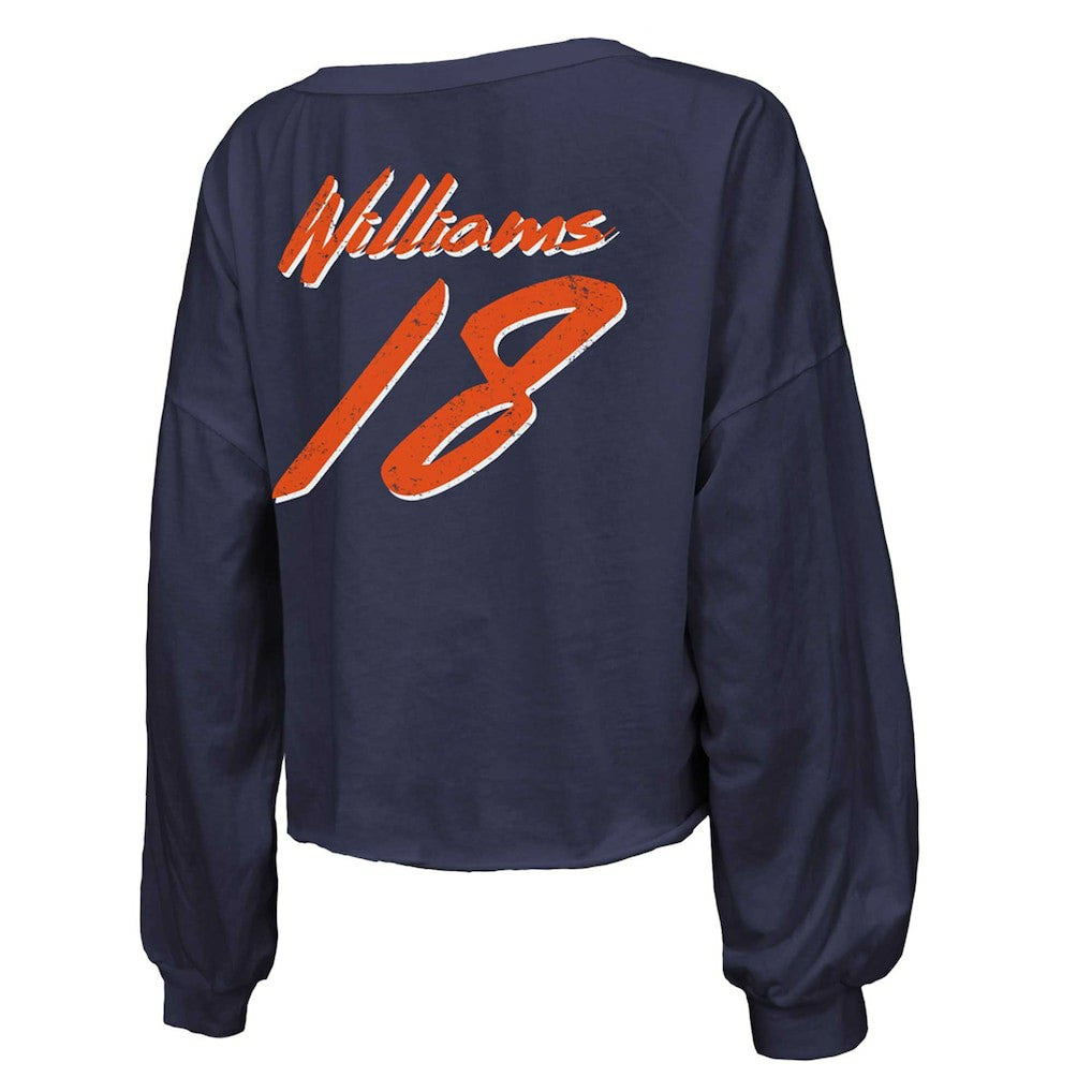 Caleb Williams Chicago Bears Majestic Threads Women's Name & Number Off-Shoulder Script Cropped Long Sleeve Relaxed V-Neck T-Shirt Navy - NFL