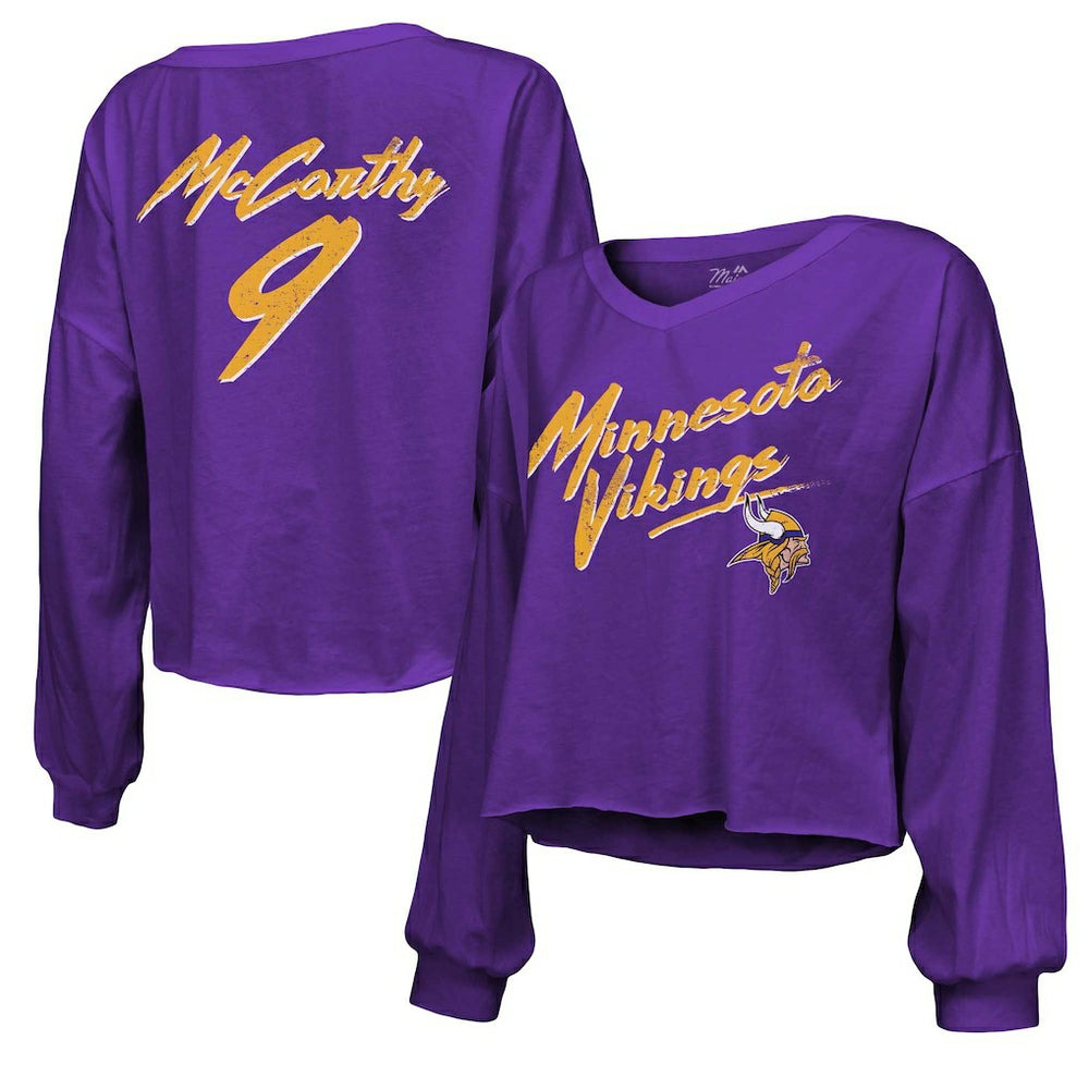 J.J. McCarthy Minnesota Vikings Majestic Threads Women's Name & Number Off-Shoulder Script Cropped Long Sleeve V-Neck T-Shirt Purple - NFL