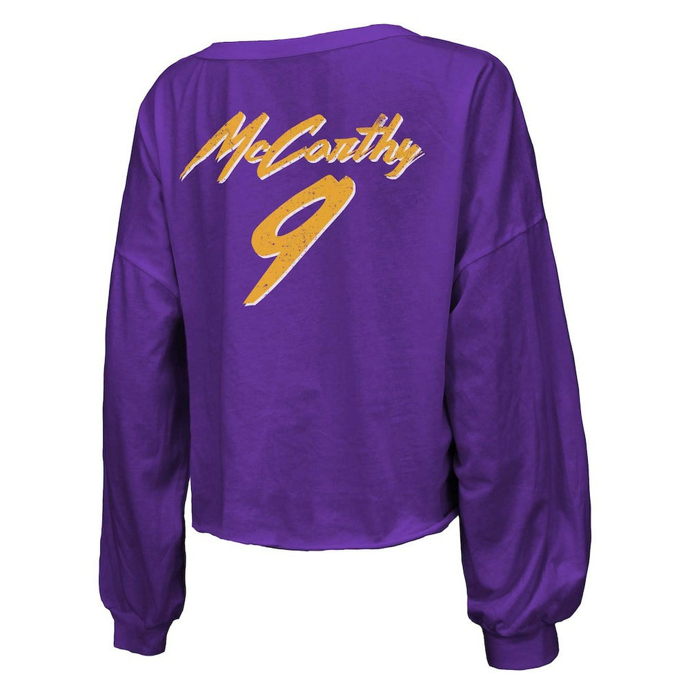 J.J. McCarthy Minnesota Vikings Majestic Threads Women's Name & Number Off-Shoulder Script Cropped Long Sleeve V-Neck T-Shirt Purple - NFL