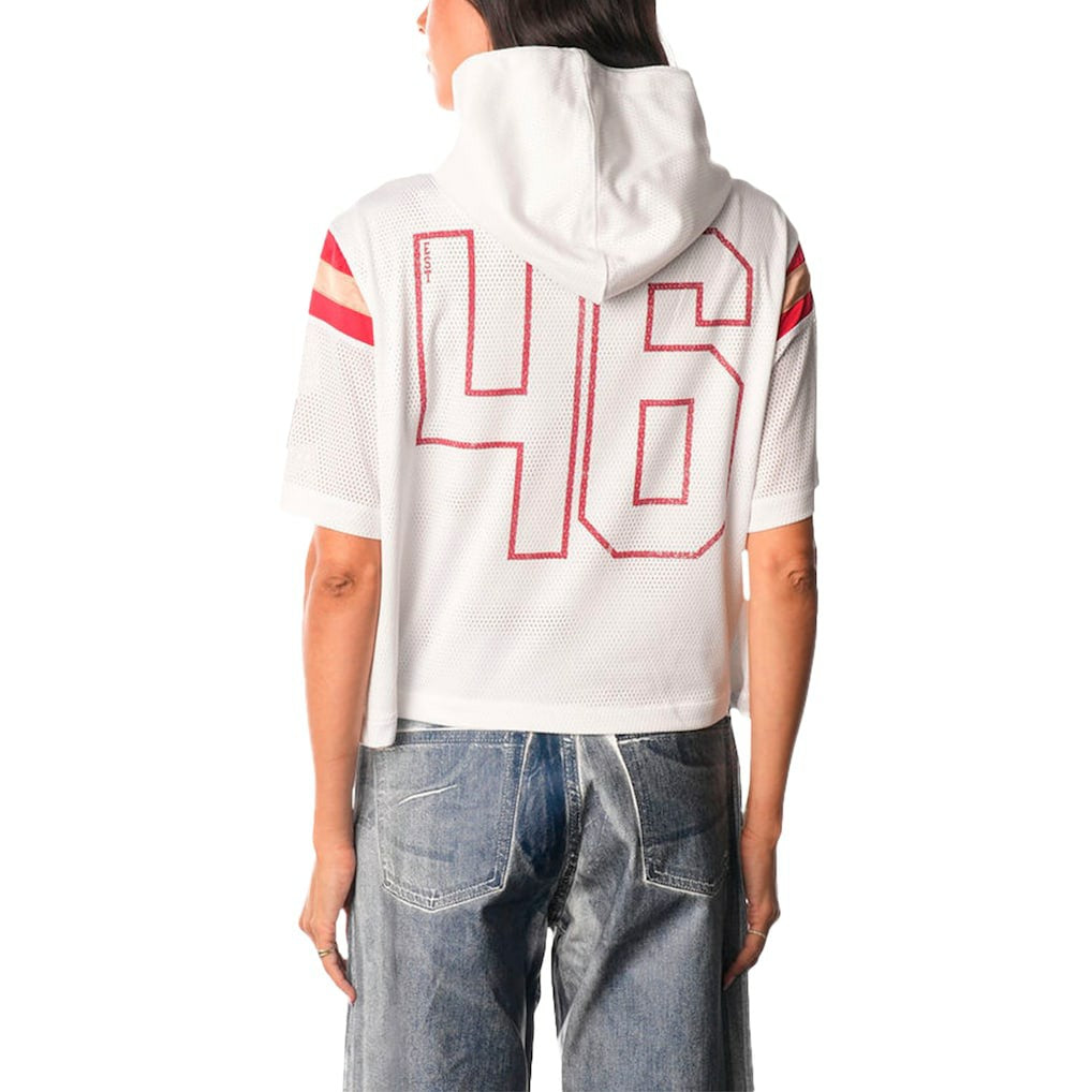 San Francisco 49ers The Wild Collective Women's Mesh Short Sleeve Hoodie T-Shirt White - NFL