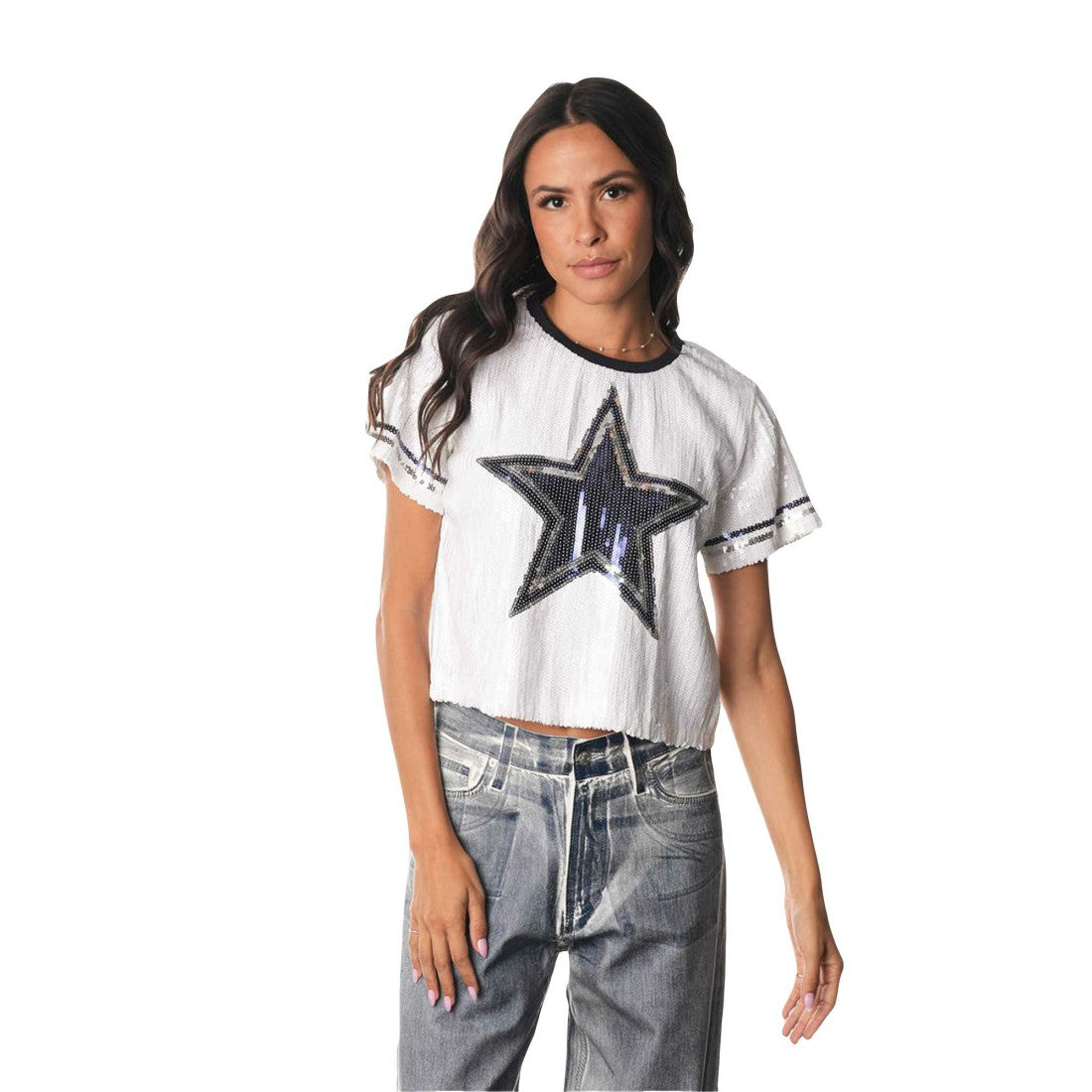 Dallas Cowboys The Wild Collective Women's Sequin Cropped T-Shirt White - NFL