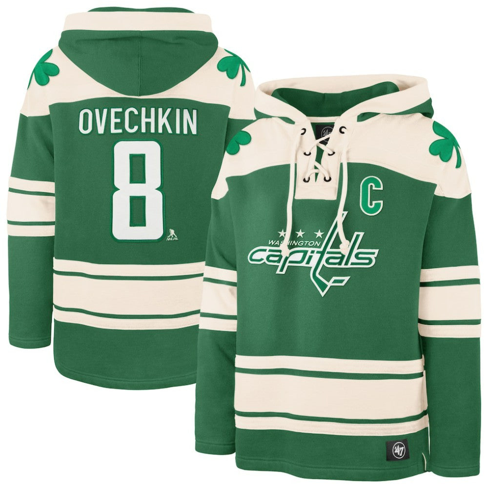 Alexander Ovechkin Washington Capitals '47 St. Patrick's Day Player Name & Number Lacer Pullover Hoodie Kelly Green