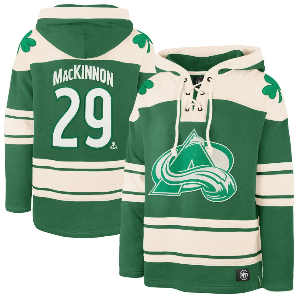 Nathan MacKinnon Colorado Avalanche - '47 St. Patrick's Day Player Name & Number Lacer Pullover Hoodie Kelly Green