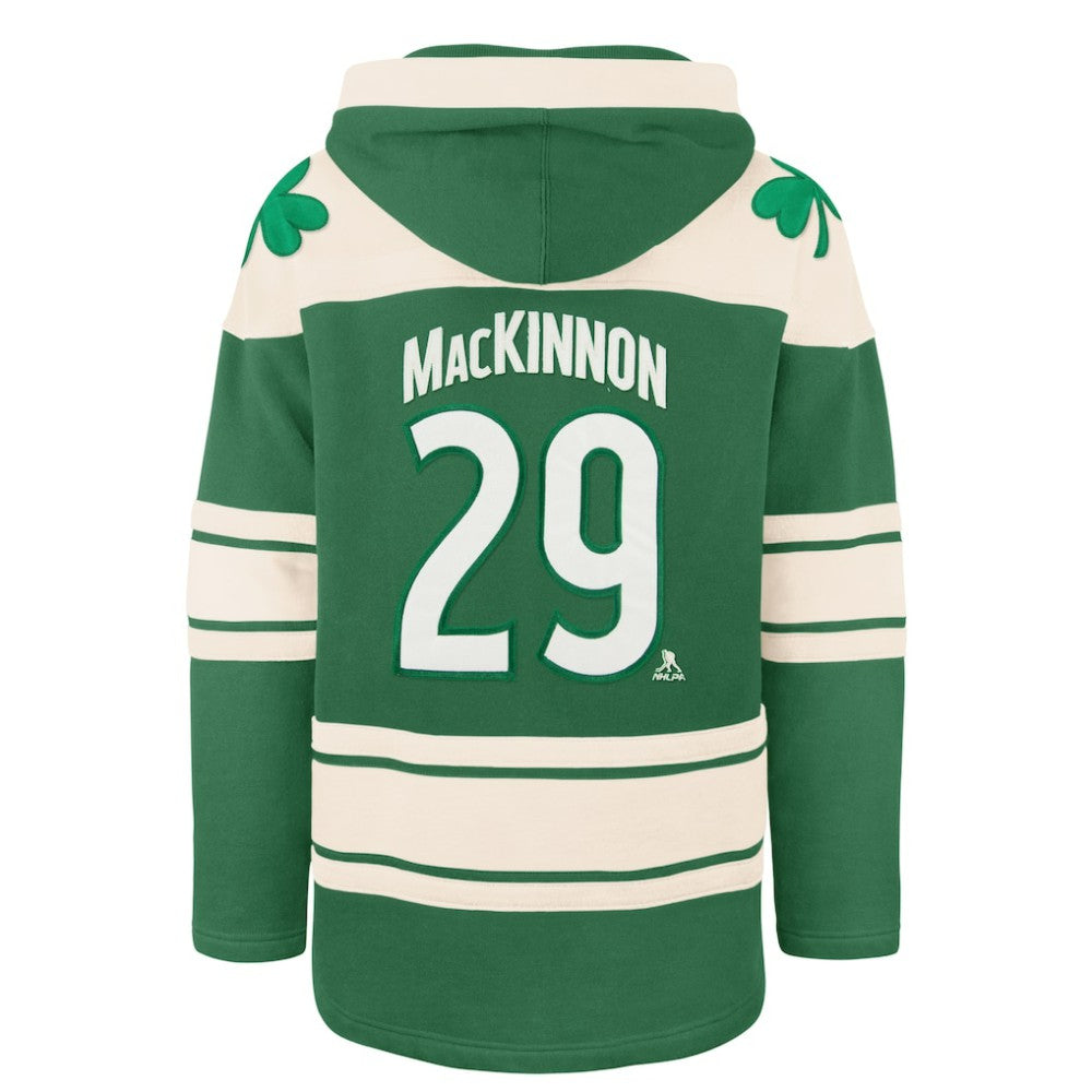 Nathan MacKinnon Colorado Avalanche - '47 St. Patrick's Day Player Name & Number Lacer Pullover Hoodie Kelly Green