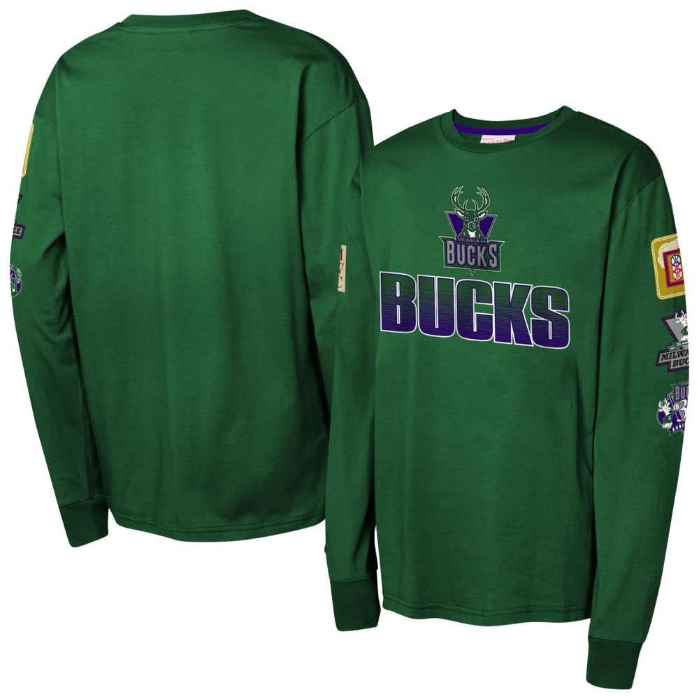Mitchell & Ness - Milwaukee Bucks Youth Hardwood Classics All Over Long Sleeve T-Shirt - Hunter Green