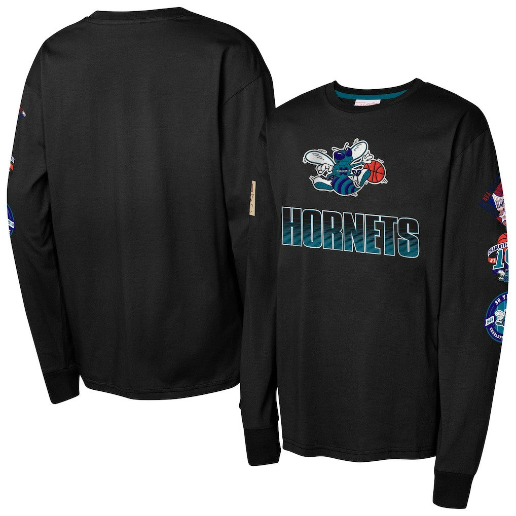 Mitchell & Ness - Charlotte Hornets Youth Hardwood Classic All Over Long Sleeve T-Shirt - Black