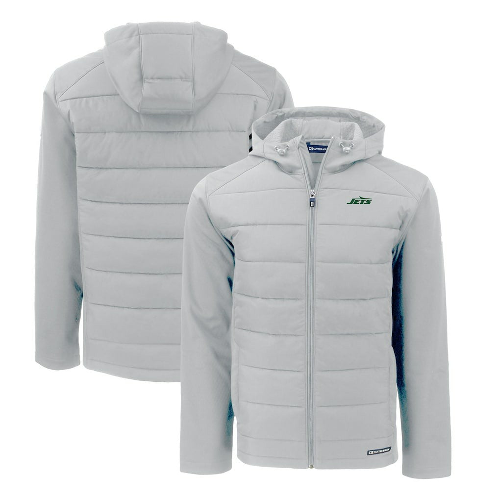 New York Jets Cutter & Buck Primary Logo Evoke Hybrid Eco Softshell Recycled Full-Zip Hooded Jacket Gray - NFL
