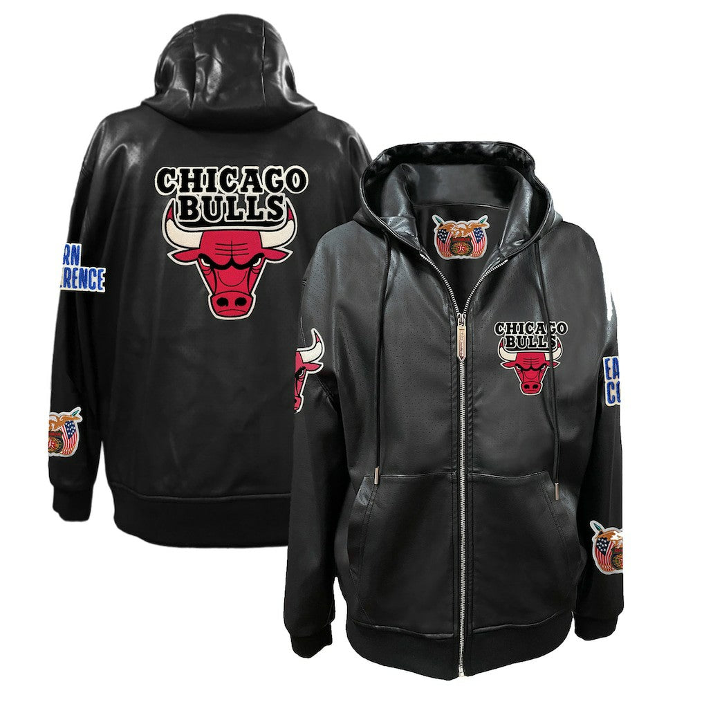 NBA - Chicago Bulls Jeff Hamilton Vegan Leather Full-Zip Hoodie - Black