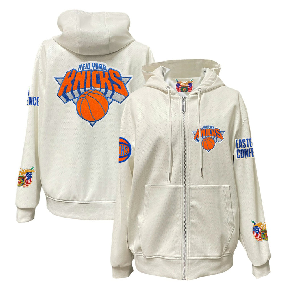 NBA - New York Knicks Jeff Hamilton Vegan Leather Full-Zip Hoodie - White