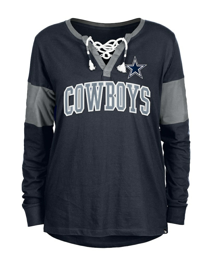 Dallas Cowboys New Era Women's Lace-Up Notch-Neck Long Sleeve T-Shirt Navy - NFL
