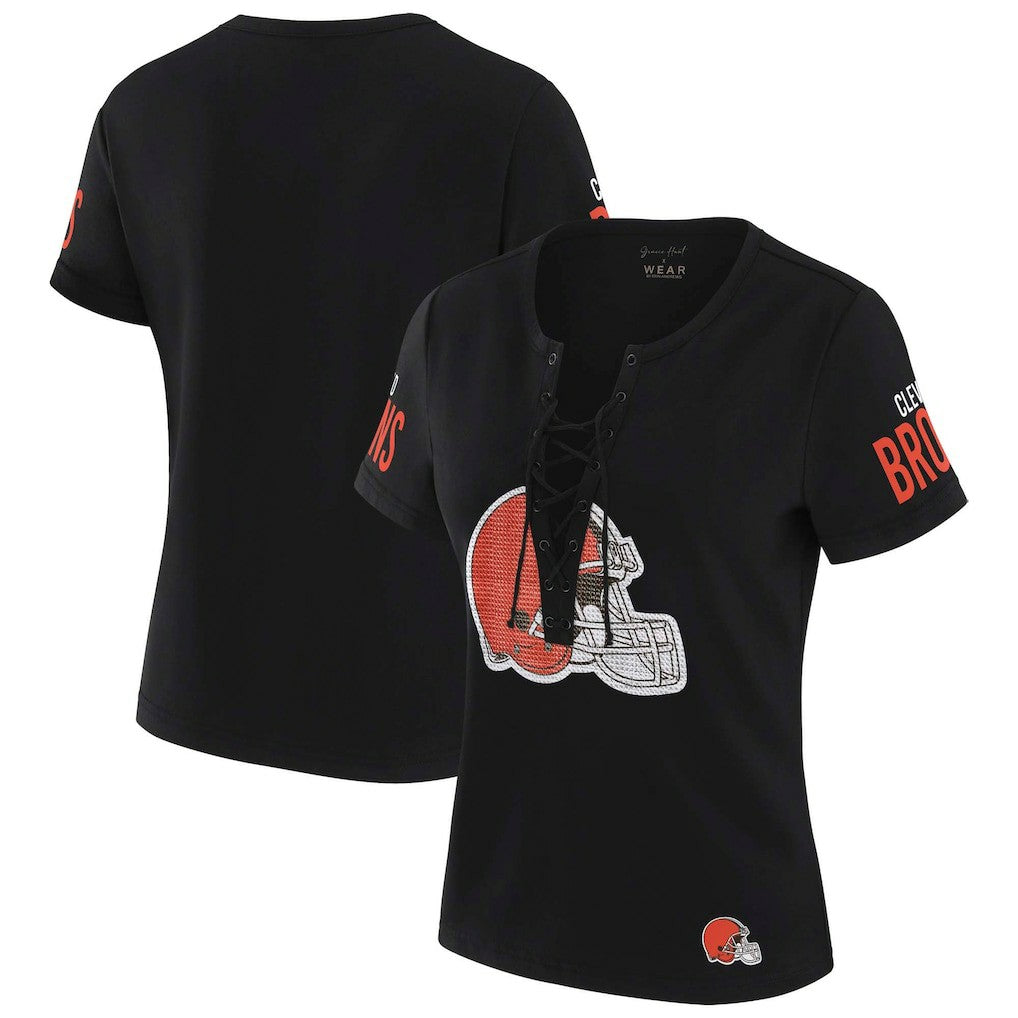 Cleveland Browns WEAR by Erin Andrews x Gracie Hunt Women's Draft Me Lace-Up T-Shirt Black - NFL