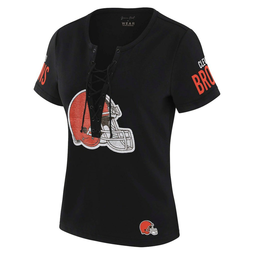 Cleveland Browns WEAR by Erin Andrews x Gracie Hunt Women's Draft Me Lace-Up T-Shirt Black - NFL