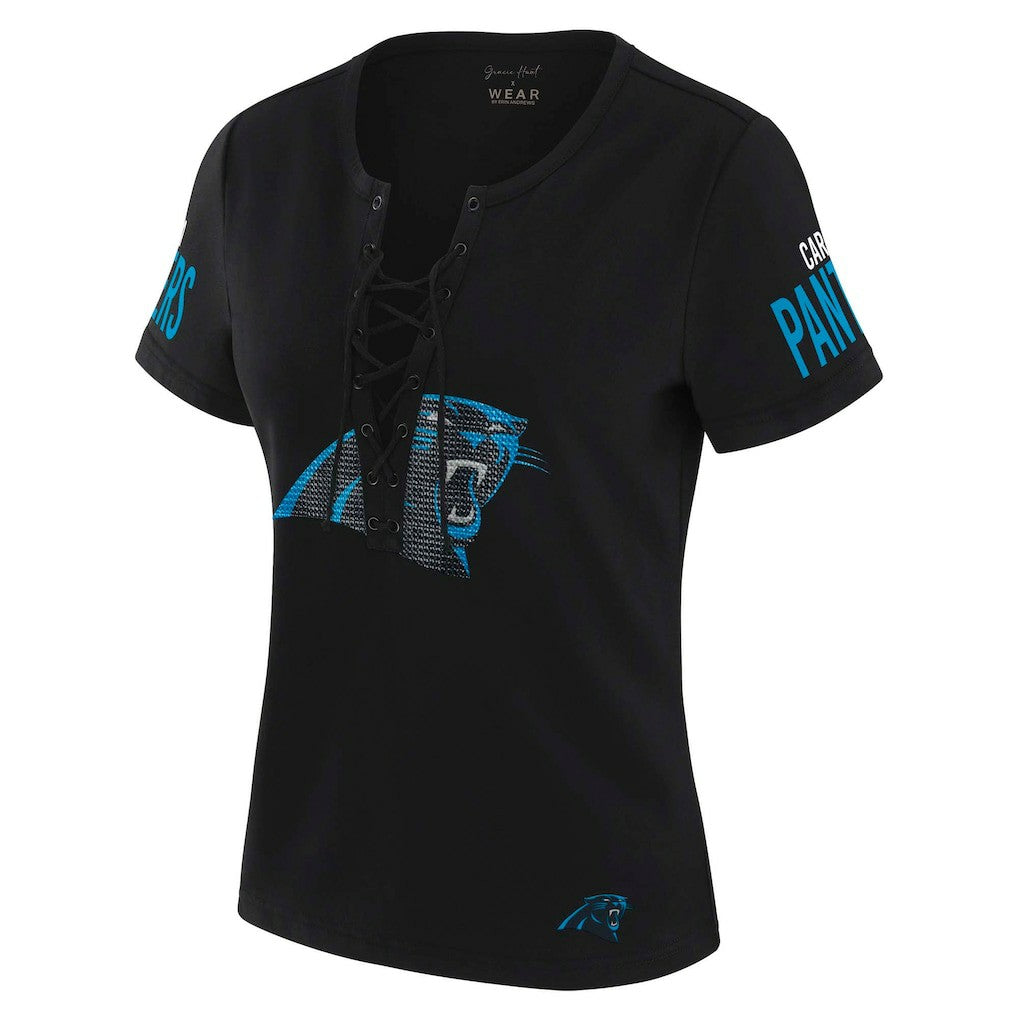 Carolina Panthers WEAR by Erin Andrews x Gracie Hunt Women's Draft Me Lace-Up T-Shirt Black - NFL