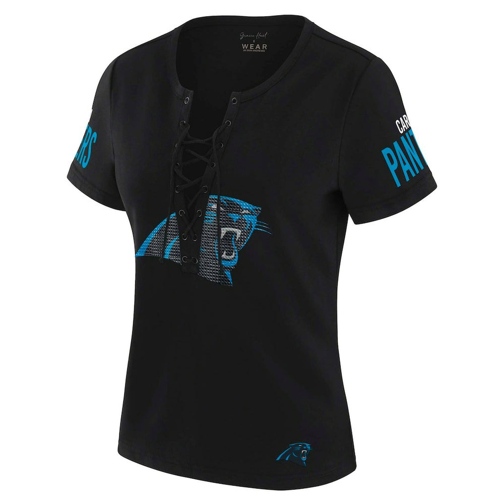 Carolina Panthers WEAR by Erin Andrews x Gracie Hunt Women's Draft Me Lace-Up T-Shirt Black - NFL