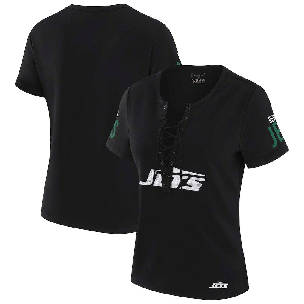 New York Jets WEAR by Erin Andrews x Gracie Hunt Women's Draft Me Lace-Up T-Shirt Black - NFL