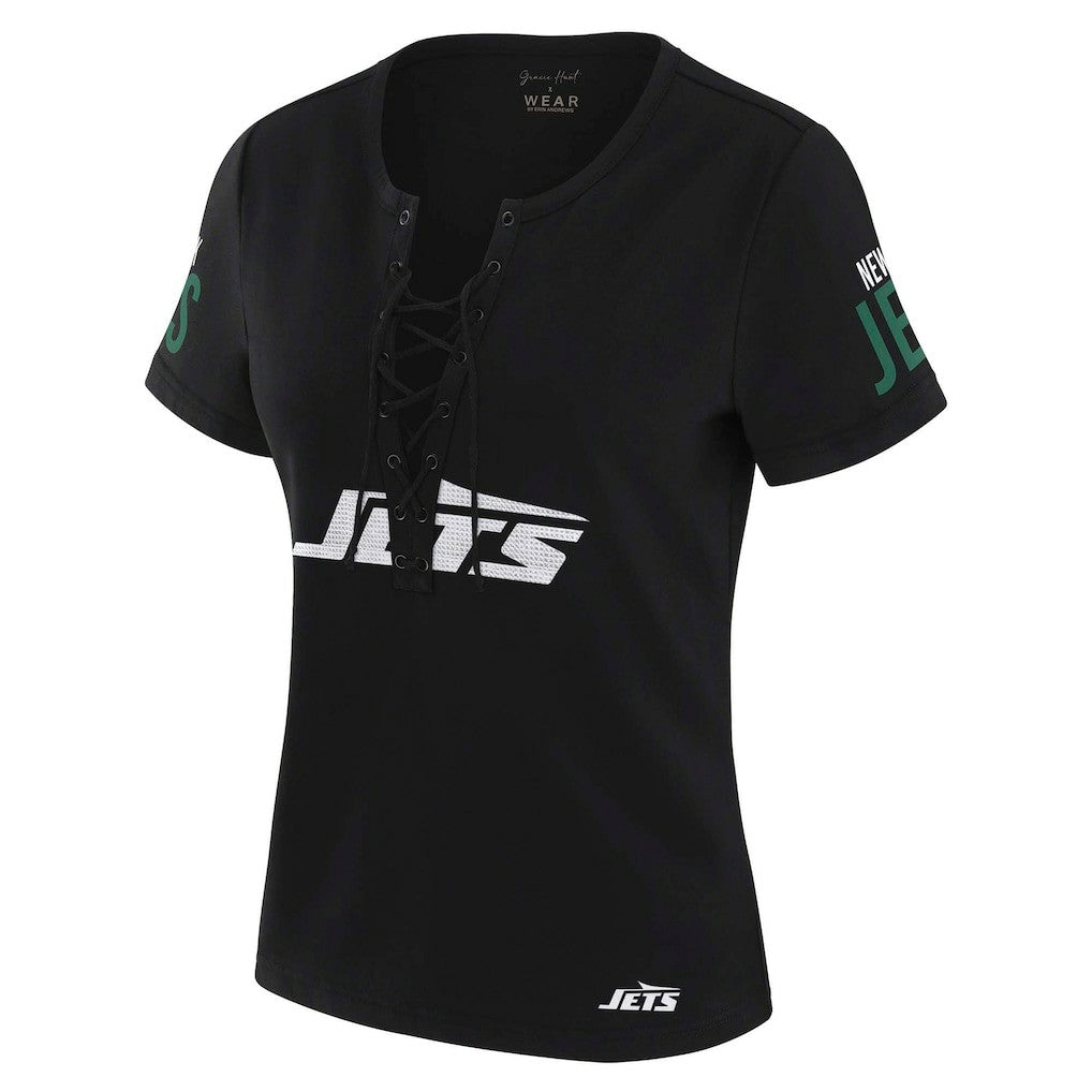 New York Jets WEAR by Erin Andrews x Gracie Hunt Women's Draft Me Lace-Up T-Shirt Black - NFL