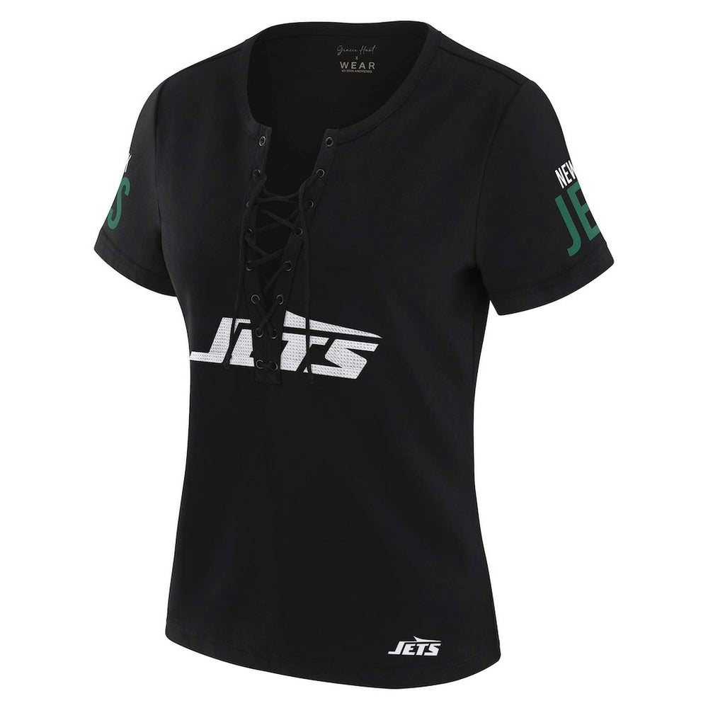 New York Jets WEAR by Erin Andrews x Gracie Hunt Women's Draft Me Lace-Up T-Shirt Black - NFL