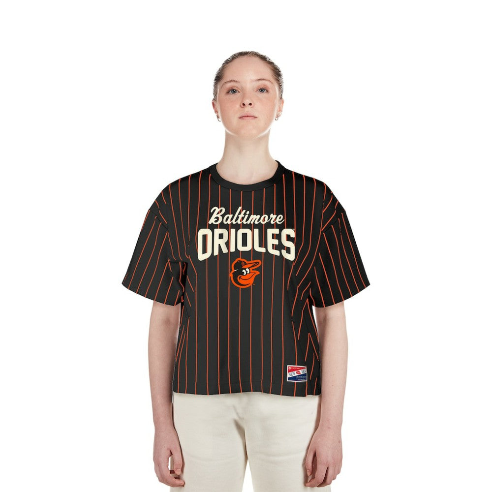 Baltimore Orioles New Era Women's Cooperstown Collection Multiplier Pinstripe Cropped T-Shirt On Sale
