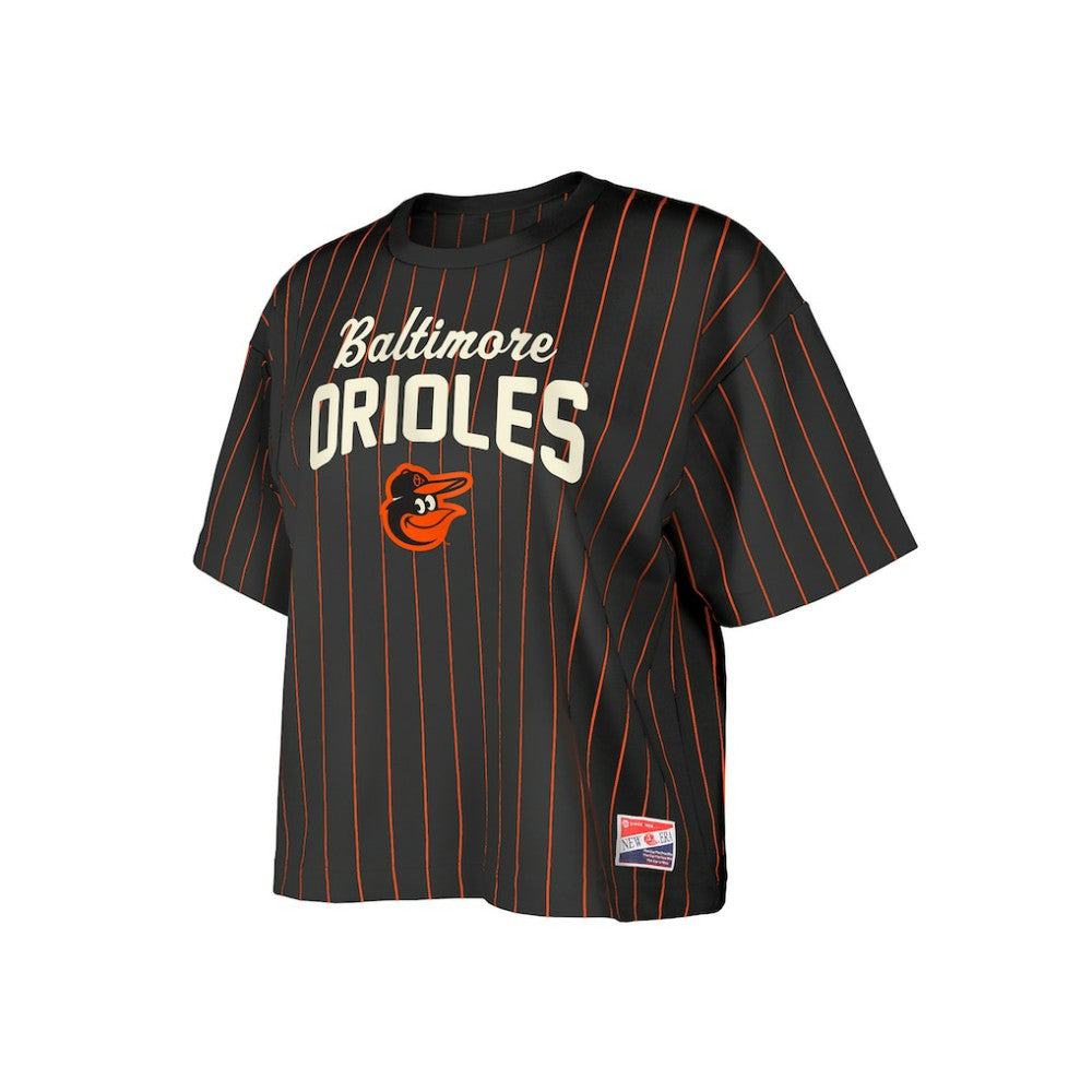 Baltimore Orioles New Era Women's Cooperstown Collection Multiplier Pinstripe Cropped T-Shirt On Sale