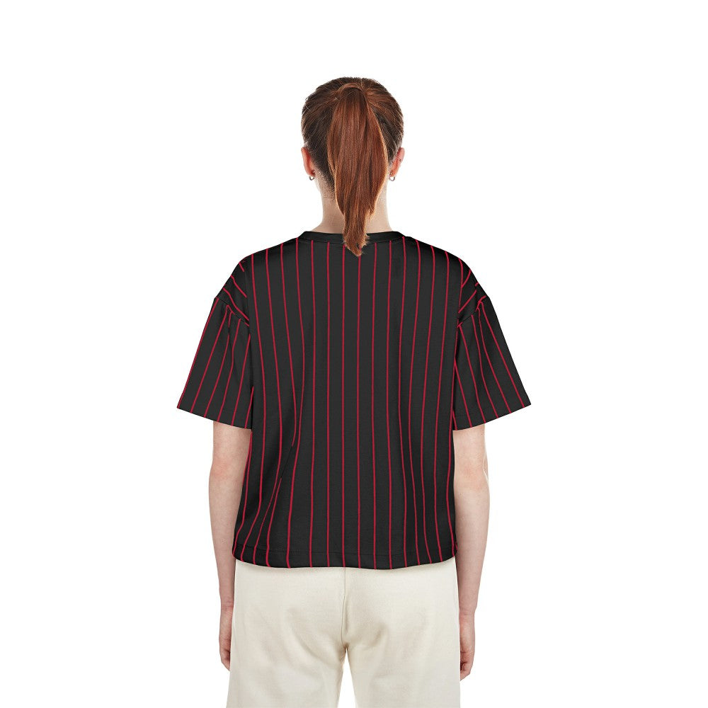 Cincinnati Reds New Era Women's Cooperstown Collection Multiplier Pinstripe Cropped T-Shirt Lifestyle