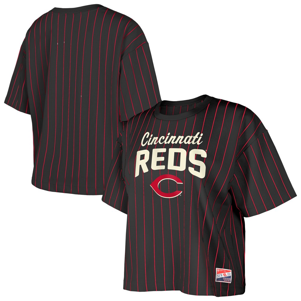 Cincinnati Reds New Era Women's Cooperstown Collection Multiplier Pinstripe Cropped T-Shirt Lifestyle