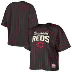 Cincinnati Reds New Era Women's Cooperstown Collection Multiplier Pinstripe Cropped T-Shirt Lifestyle