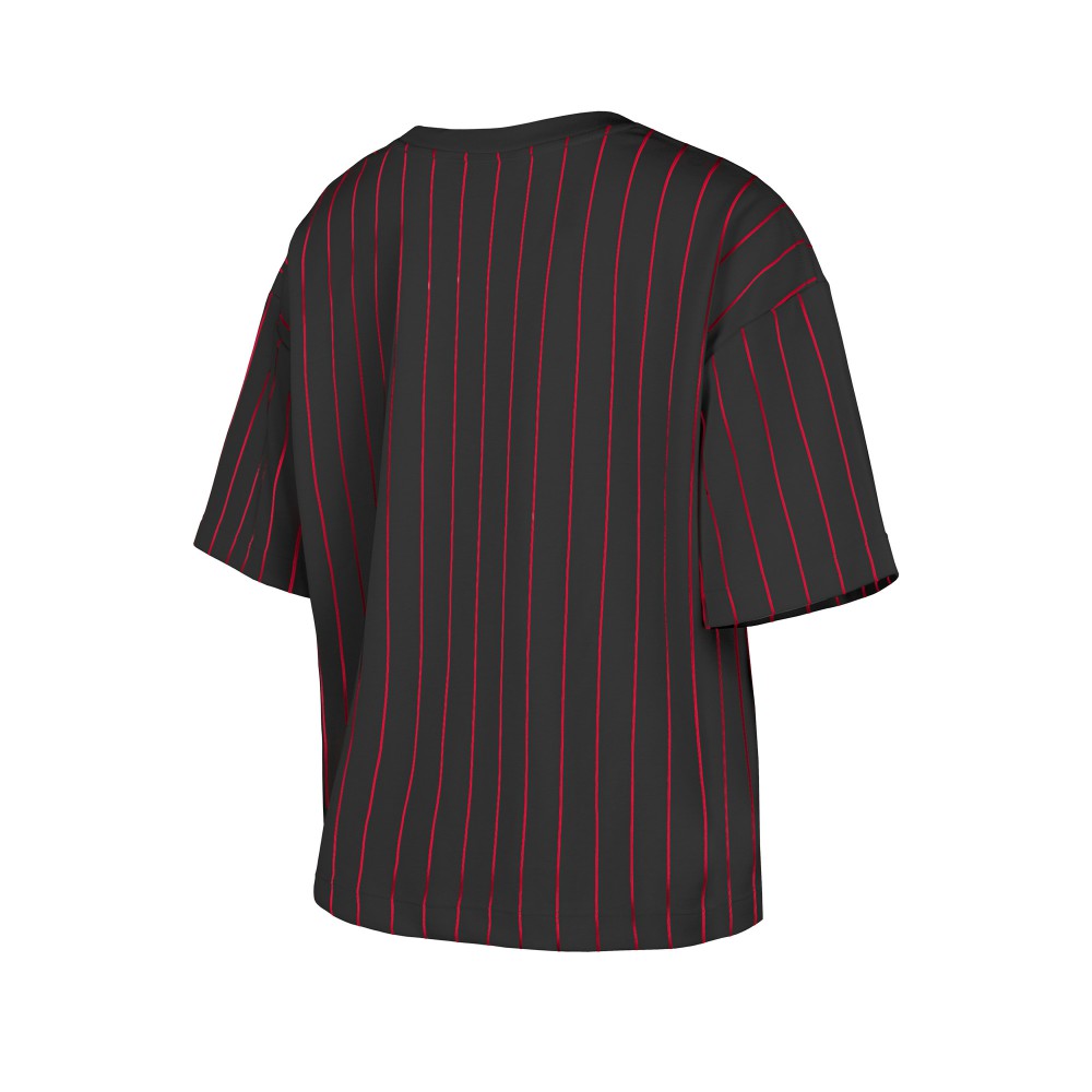 Cincinnati Reds New Era Women's Cooperstown Collection Multiplier Pinstripe Cropped T-Shirt Lifestyle