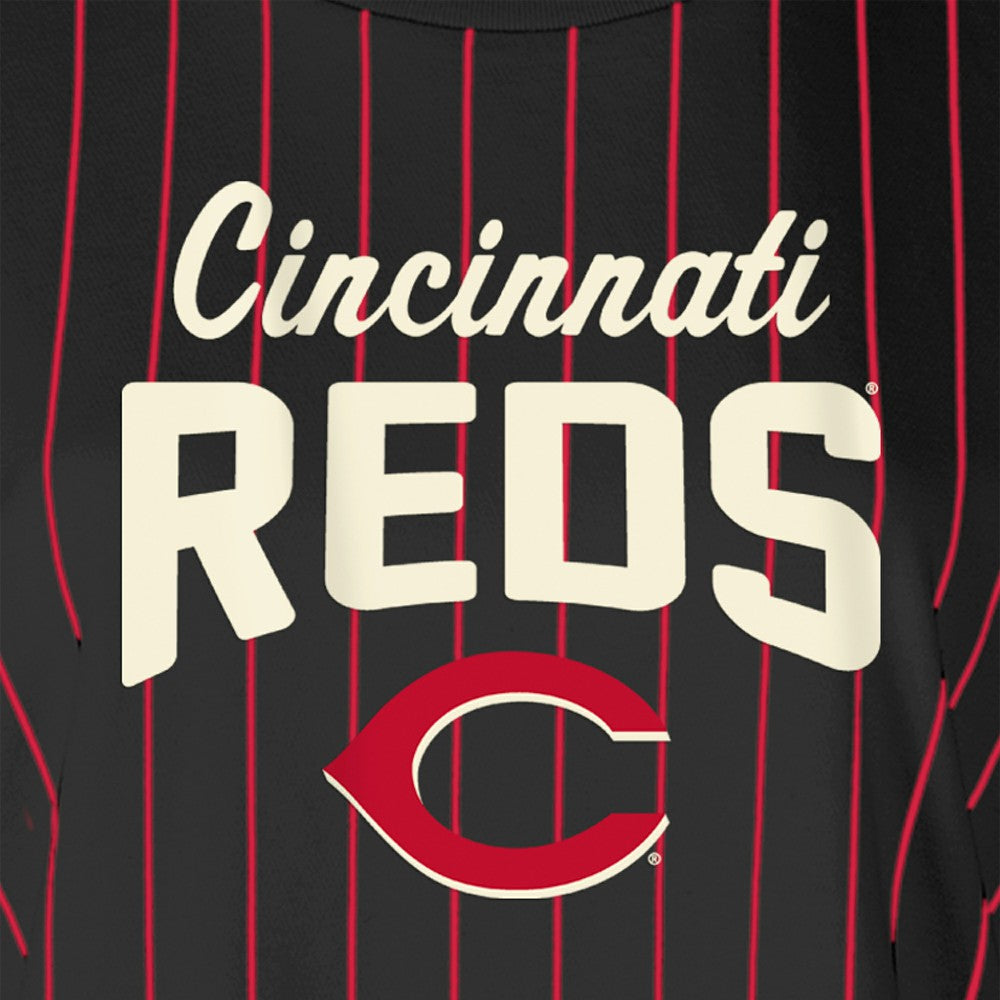 Cincinnati Reds New Era Women's Cooperstown Collection Multiplier Pinstripe Cropped T-Shirt Lifestyle